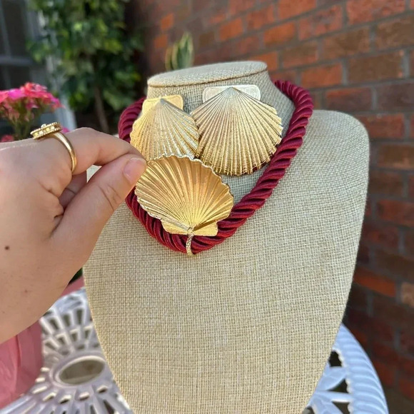 Seashell Gold Red Rope Chain Earrings Necklace Earrings Set - Picture 15 of 17